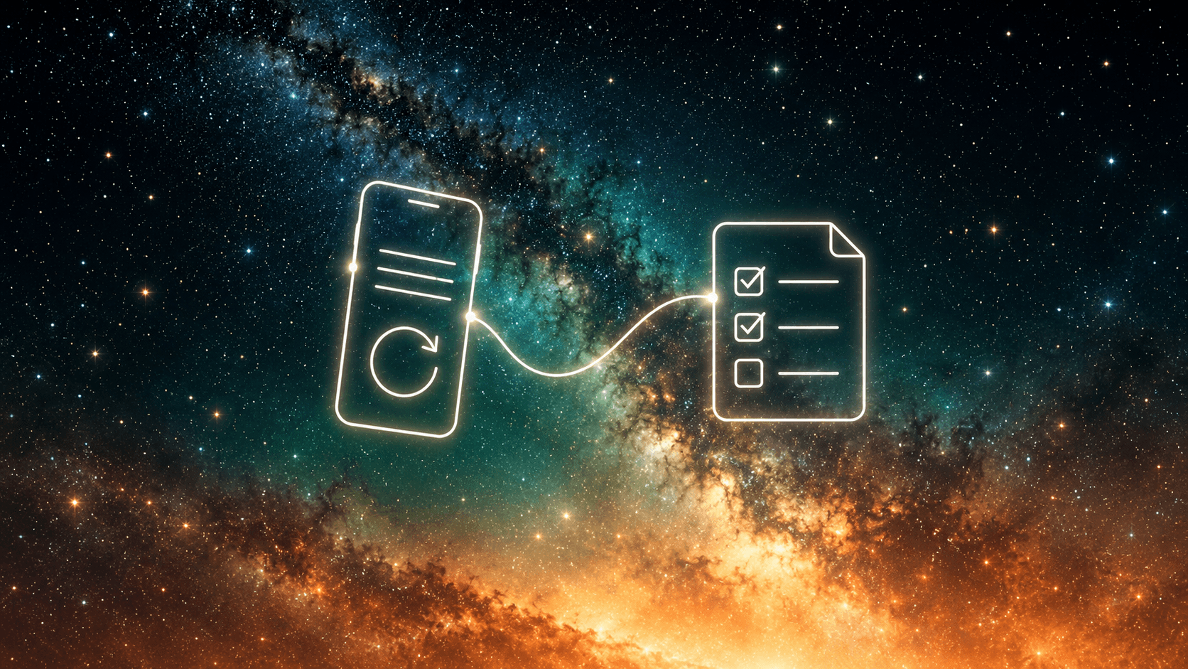 A white line drawing of an iPhone with a refresh arrow on its screen, linked by a curve to a document with two items ticked and one empty, against a starry night sky