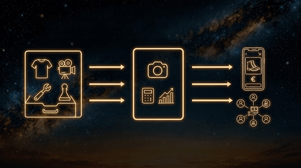 Glowing orange line drawings against a starry night sky: a drawer of clutter with a t-shirt, a film camera, a wrench and a chess piece, arrows into a camera with a calculator and a rising chart, then a phone showing a pair of boots and a euro sign, beside a network of buyers