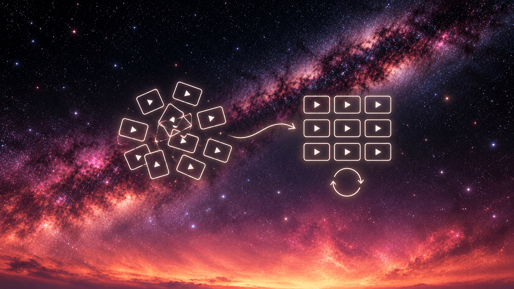White line drawings of a tangle of video cards on the left, an arrow, and the same cards sorted into a neat grid with a loop arrow beneath, against a violet and coral night sky