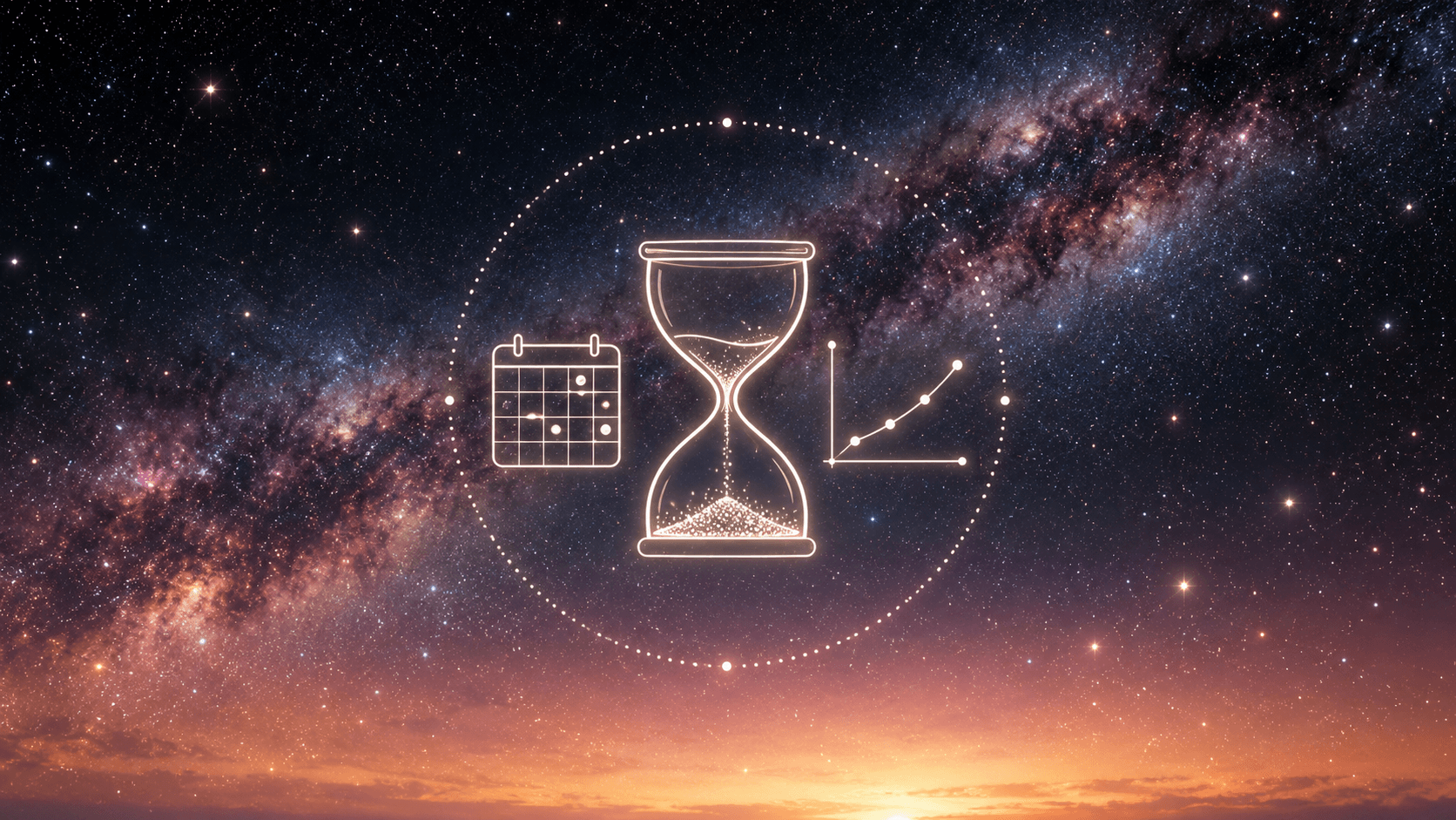 A white line drawing of an hourglass between a calendar and a rising line chart, inside a dotted circle, against a starry night sky that warms to gold at the horizon