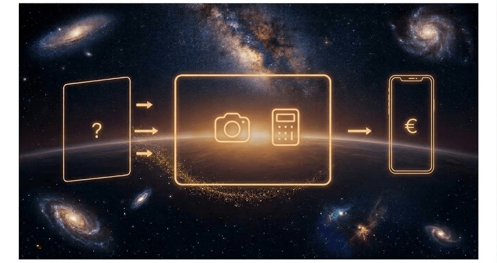 Glowing orange line drawings against a starry sky full of galaxies: a card with a question mark, arrows into a wide frame with a camera and a calculator over a glowing horizon, then a phone with a euro sign