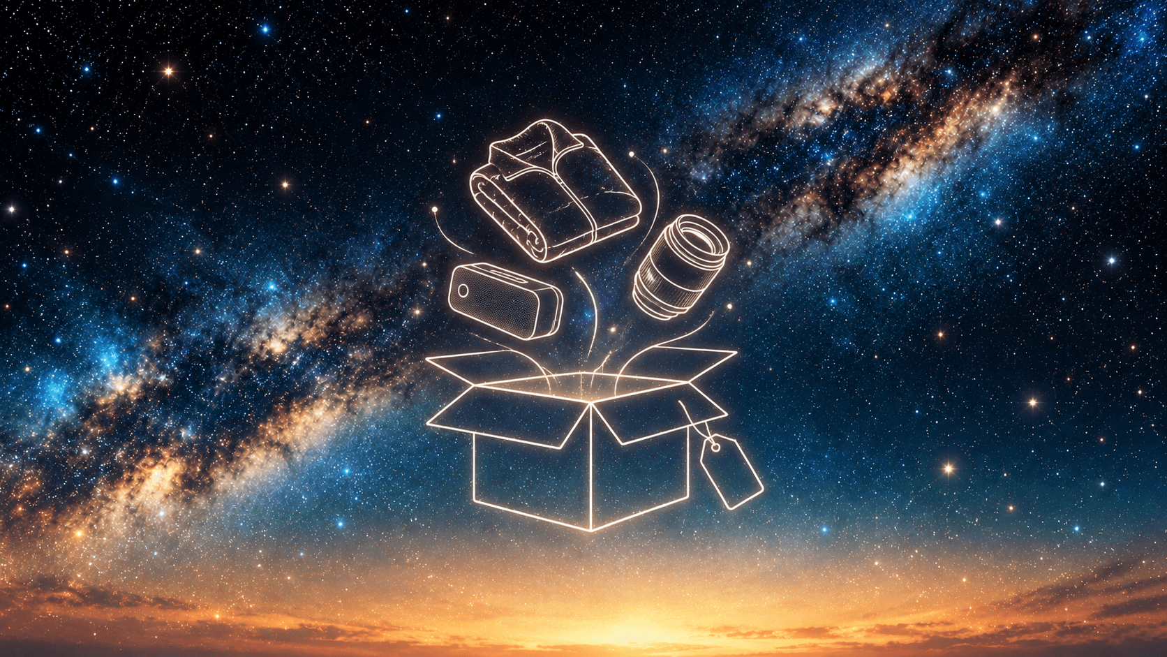A white line drawing of an open cardboard box with a folded jacket, a speaker and a camera lens rising out of it and a blank price tag hanging from the side, against a blue night sky with a golden horizon