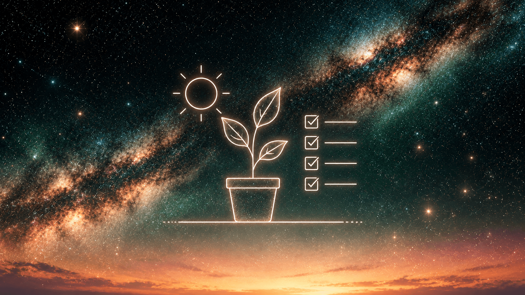 A white line drawing of a sprout growing from a pot under a small sun, beside a checklist of four ticked items, against a green night sky with a peach horizon