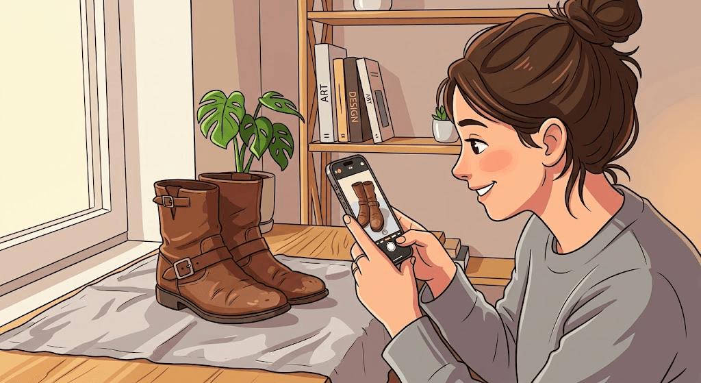 An illustration of a smiling woman photographing a pair of worn brown leather boots on a grey cloth by a sunny window, with a bookshelf behind her
