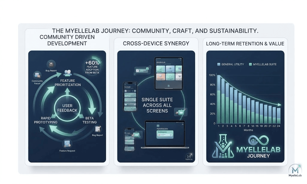 An infographic titled The MyElleLab Journey: Community, Craft, and Sustainability, with three panels: a community driven development cycle, a single suite across all screens, and a long-term retention chart