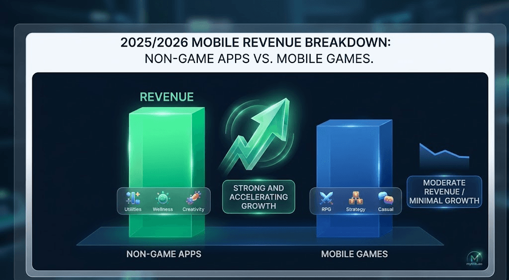 A chart titled 2025/2026 mobile revenue breakdown: a tall green bar for non-game apps marked strong and accelerating growth, next to a shorter blue bar for mobile games marked moderate revenue and minimal growth