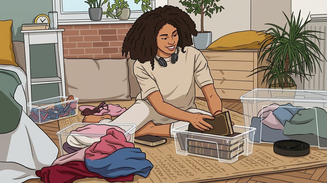 An illustration of a person sitting on a living room floor, sorting clothes, books and gadgets into clear storage boxes
