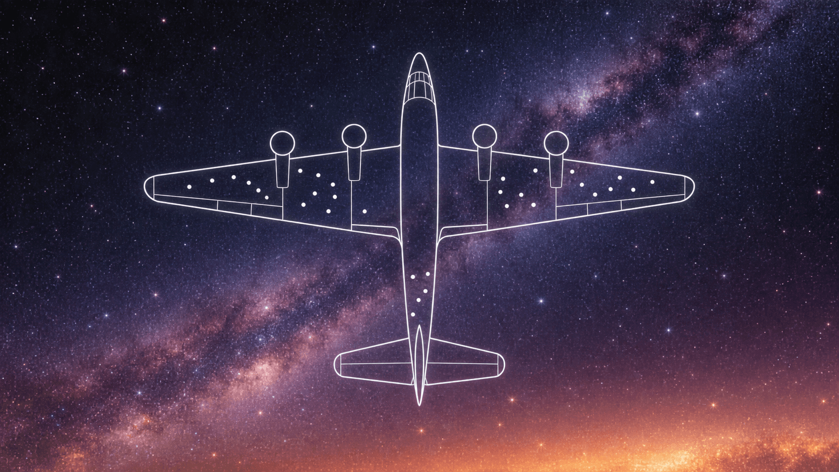 A white line drawing of a bomber seen from above against a starry night sky, its wings and fuselage marked with dots, and no dots on the engines or the cockpit